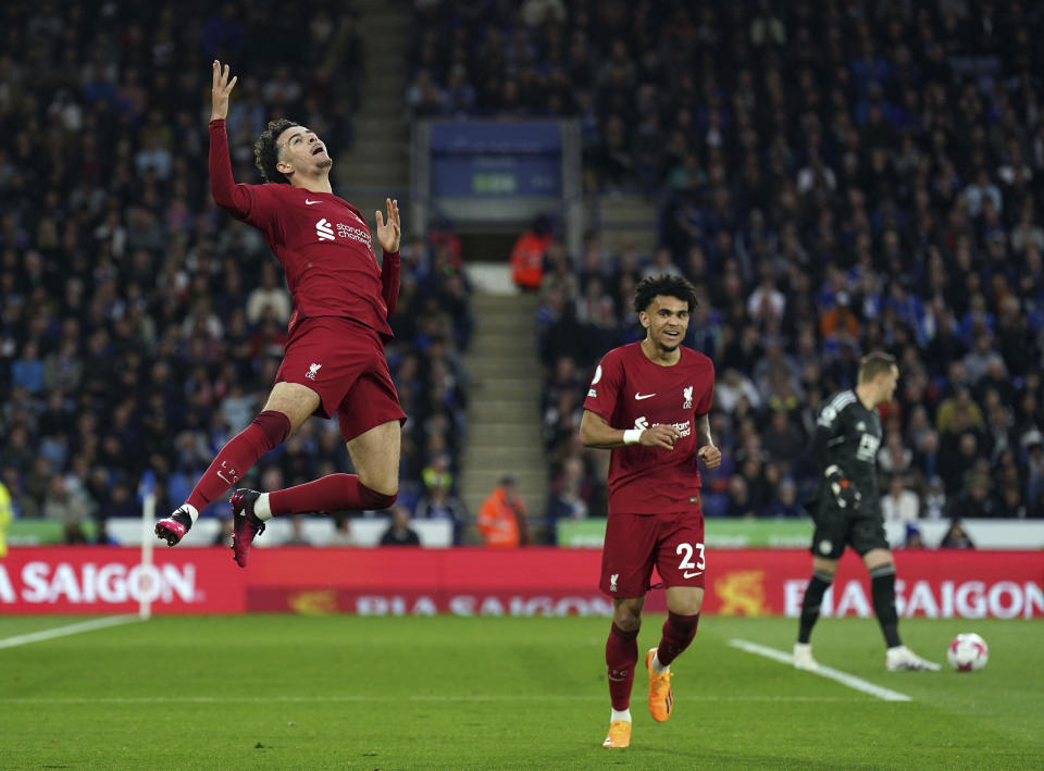 Liverpool's Curtis Jones celebrates scoring during the English Premier League soccer match between Leicester City and Liverpool at the King Power Stadium, Leicester, England, Monday May 15, 2023. (Tim Goode/PA via AP)