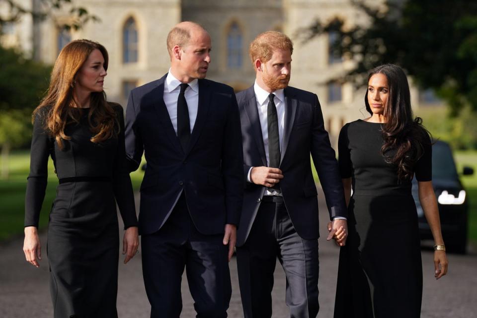 The Princess of Wales, the Prince of Wales and the Duke and Duchess of Sussex meeting members of the public at Windsor Castle in Berkshire following the death of Queen Elizabeth I (PA)