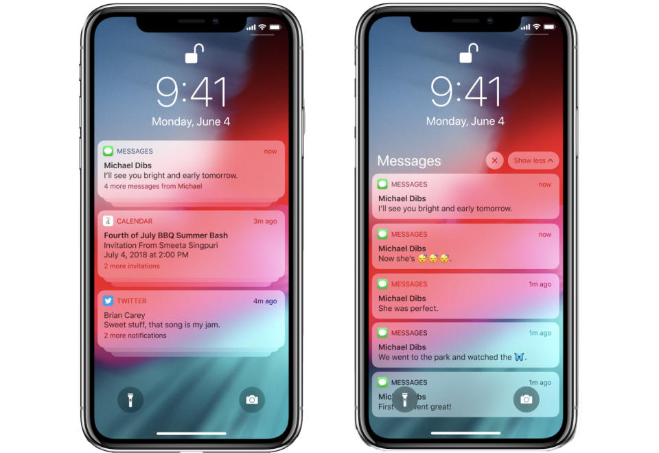 You can have your notifications grouped (left)—press your finger to expand a group (right).