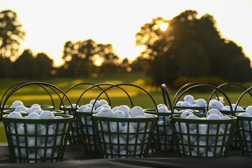 ATLANTA, GA - SEPTEMBER 06:  Practice Titleist and Bridgestone balls sit in baskets on the range at sunset during the third round of the TOUR Championship at East Lake Golf Club on September 6, 2020 in Atlanta, Georgia. (Photo by Keyur Khamar/PGA TOUR via Getty Images)