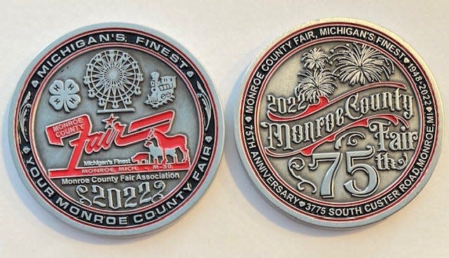 The front (left) and back of special coins being sold by the Monroe County Fair to mark its 75th fair in 2022 are shown here.