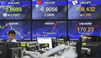 A currency trader watches monitors at the foreign exchange dealing room of the KEB Hana Bank headquarters in Seoul, South Korea, Monday, June 10, 2019. Asian financial markets advanced on Monday after China released better-than-expected trade data for May. Gains were reined in by worries over where the world’s two largest economies stood on trade negotiations. (AP Photo/Ahn Young-joon)