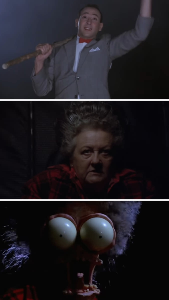 pee wee, a creepy woman and then a monster with large eyes with its mouth open