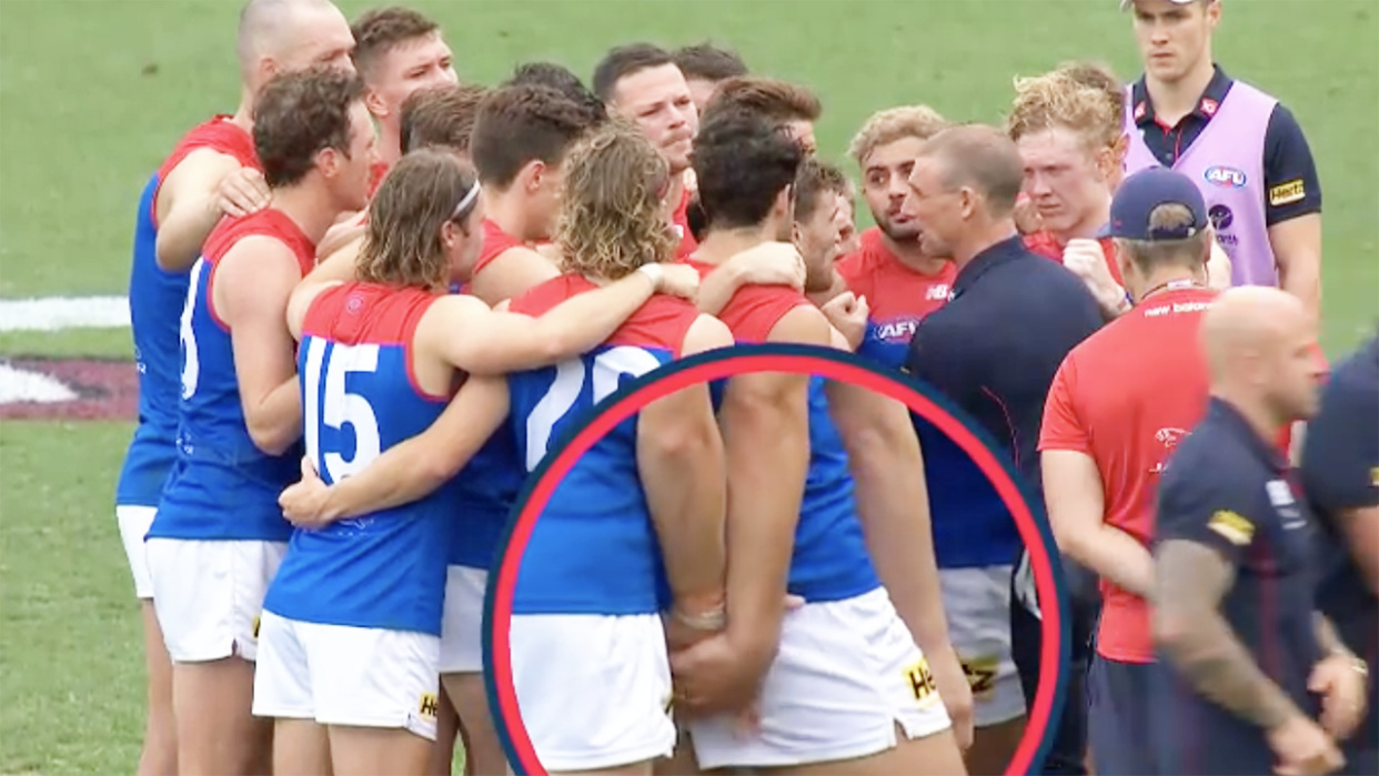 Melbourne Demons players Christian Petracca and Jayden Hunt are seen touching one another.