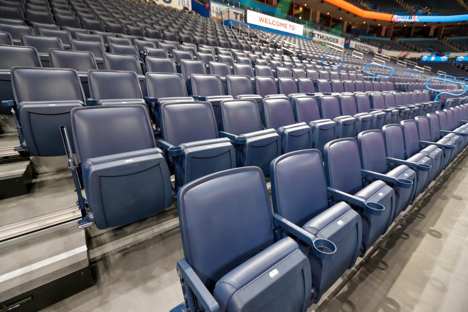 New scoreboards and seats are pictured Tuesday at the Paycom Center in Oklahoma City.