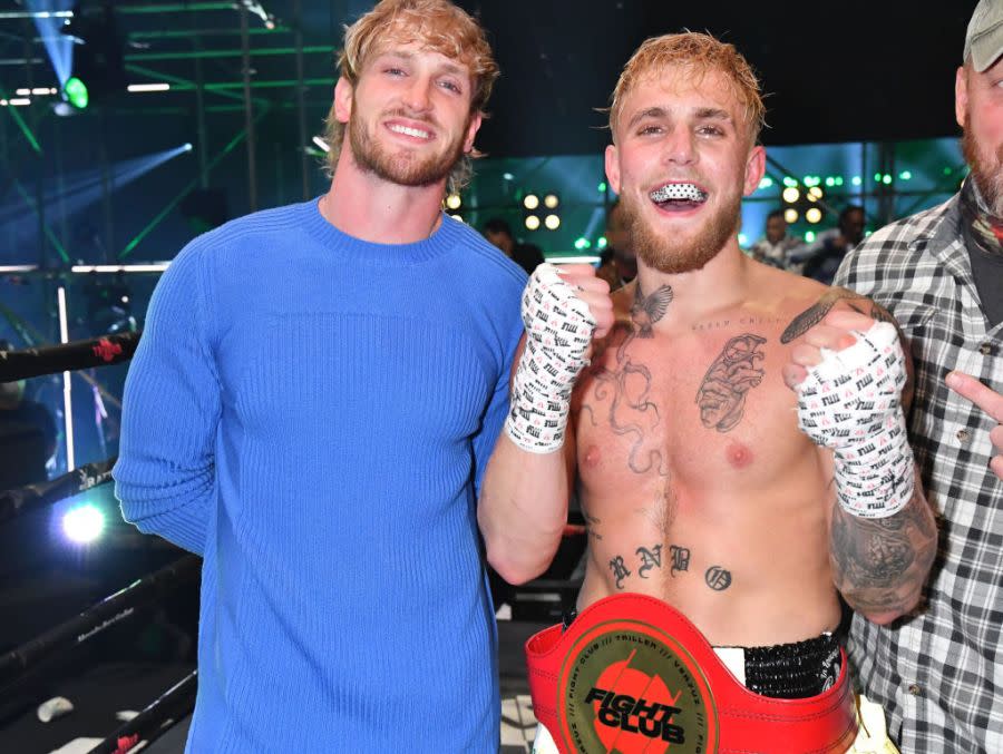 ATLANTA, GEORGIA – APRIL 17: Logan Paul poses with Jake Paul after defeating Ben Askren in their cruiserweight bout during Triller Fight Club: Jake Paul v Ben Askren at Mercedes-Benz Stadium on April 17, 2021 in Atlanta, Georgia. (Photo by Jeff Kravitz/Getty Images for Triller)