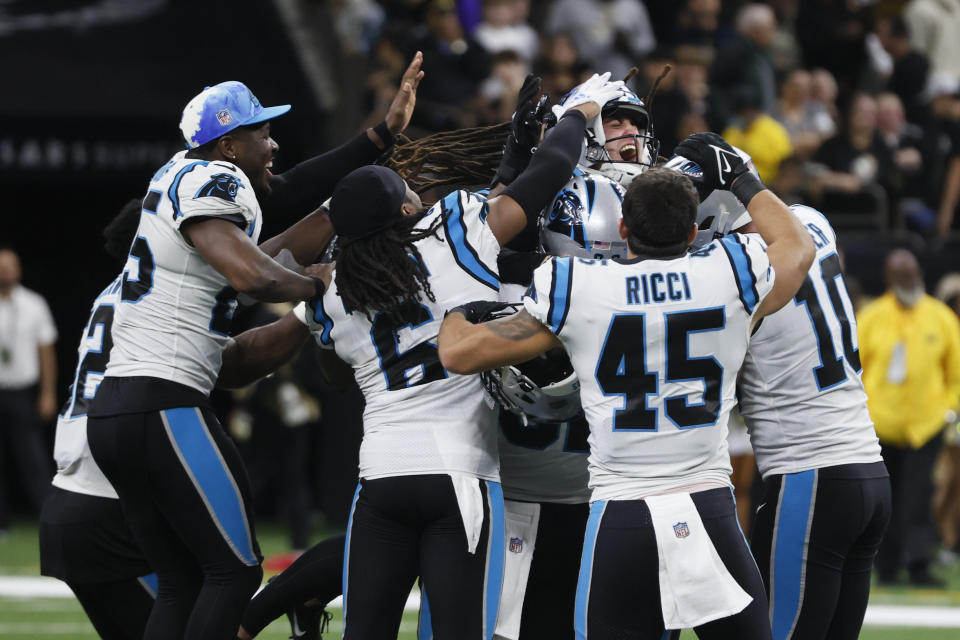 Carolina Panthers place kicker Eddy Pineiro celebrates after kicking the winning field goal during the second half an NFL football game between the Carolina Panthers and the New Orleans Saints in New Orleans, Sunday, Jan. 8, 2023. (AP Photo/Butch Dill)