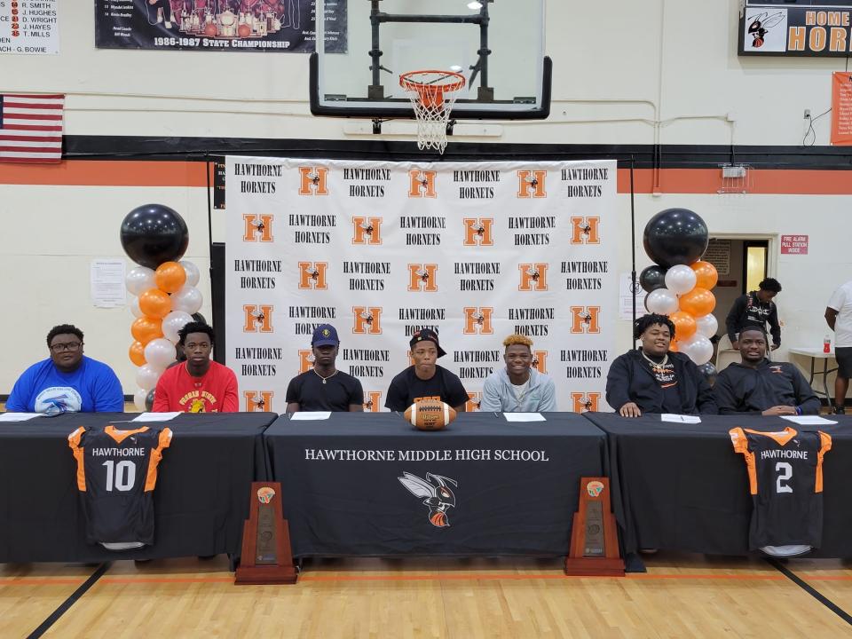 The Hawthorne Hornets football program celebrated a big class of college signees on April 29 from Earl Gay Gymnasium at Hawthorne Middle/High School.