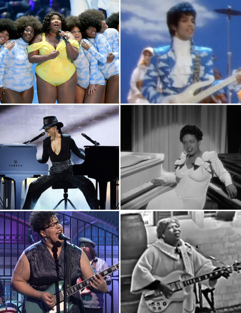 Lizzo's dancers wearing same cloud outfit as Prince; Keys playing two pianos like Scott; Howard playing same guitar as Tharpe