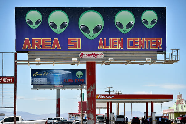 A billboard advertising a convenience store named Area 51 Alien Center is seen along U.S. highway 95 in Amargosa Valley, Nevada on July 21, 2019. | David Becker—Getty Images