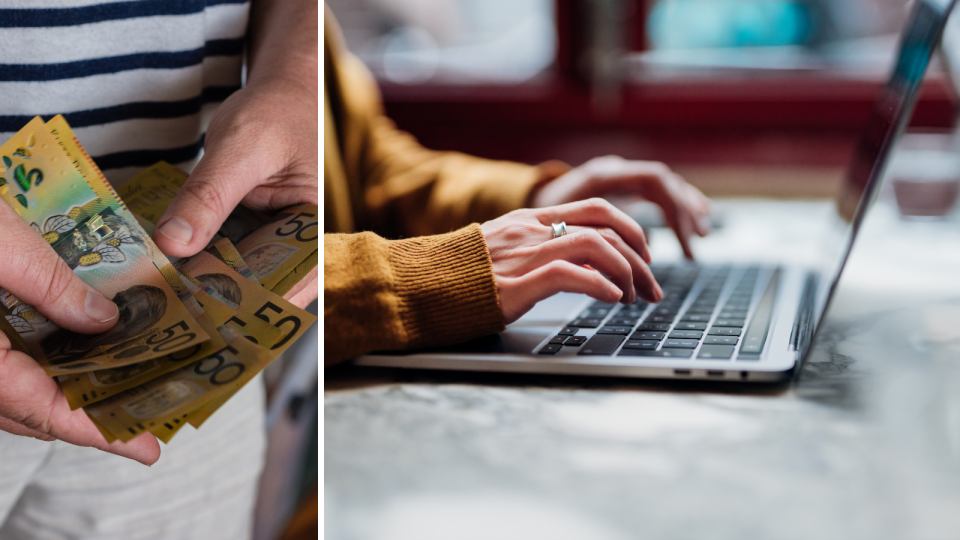 A person holding $50 notes and a woman using a laptop.