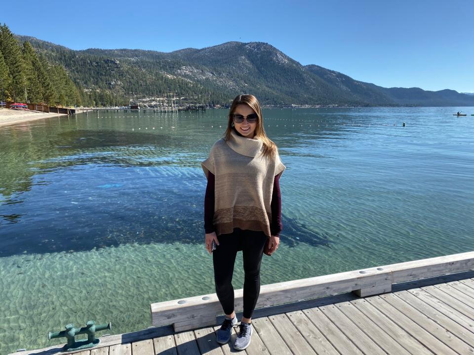 Daria Mukhina poses near Lake Tahoe during one of her pre-pandemic trips to the U.S.