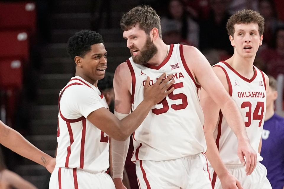 Oklahoma guard Grant Sherfield, left, celebrates with forward Tanner Groves (35) in the first half of an NCAA college basketball game against TCU, Saturday, March 4, 2023, in Norman, Okla.