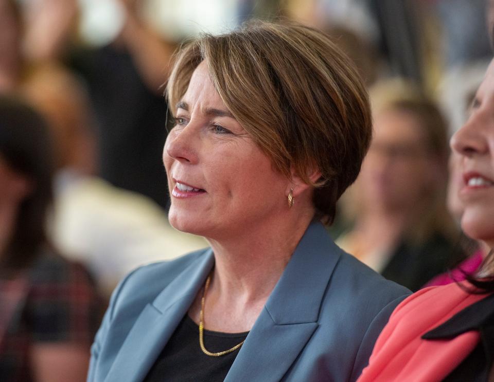 Gov. Maura Healey announced details of a free community college program for residents 25 and older during a press conference Thursday at MassBay Community College in Wellesley.