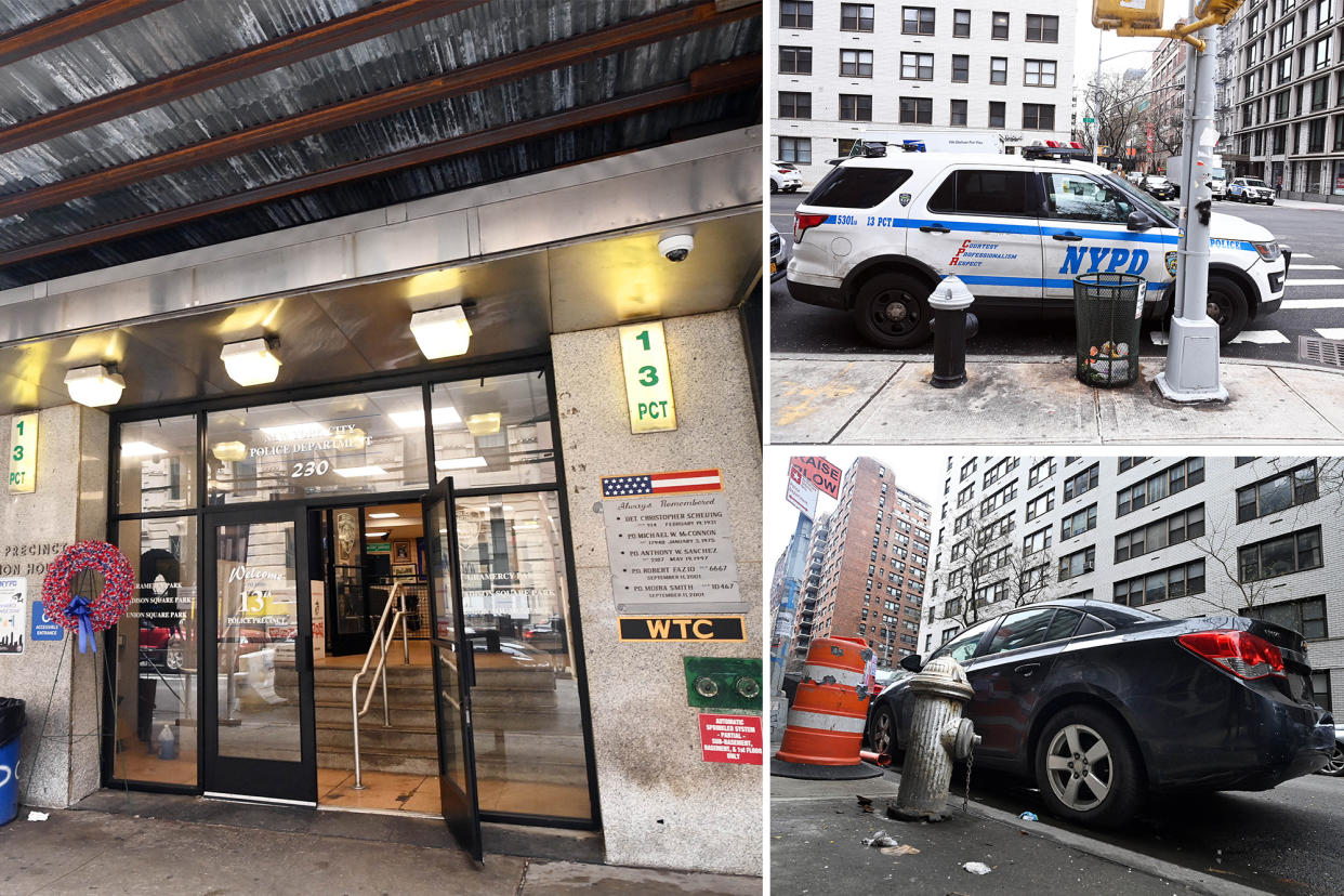 composite image, left entrance to the 13th precinct in manhattan; upper left, nypd vehicle blocks a hydrant; lower left another vehicle parks a hydrant