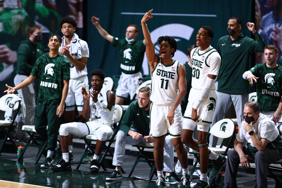 EAST LANSING, MICHIGAN - MARCH 02: A.J. Hoggard #11 and the Michigan State Spartans celebrates in the second half of the game against the Indiana Hoosiers at Breslin Center on March 02, 2021 in East Lansing, Michigan. (Photo by Rey Del Rio/Getty Images)