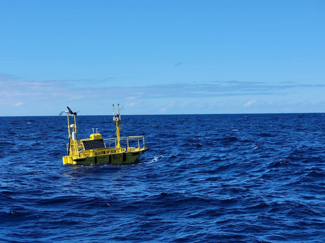 A research buoy managed by Pacific Northwest National Laboratory collects atmospheric and oceanographic data that can improve the accuracy of wind forecasts for floating offshore wind farms.