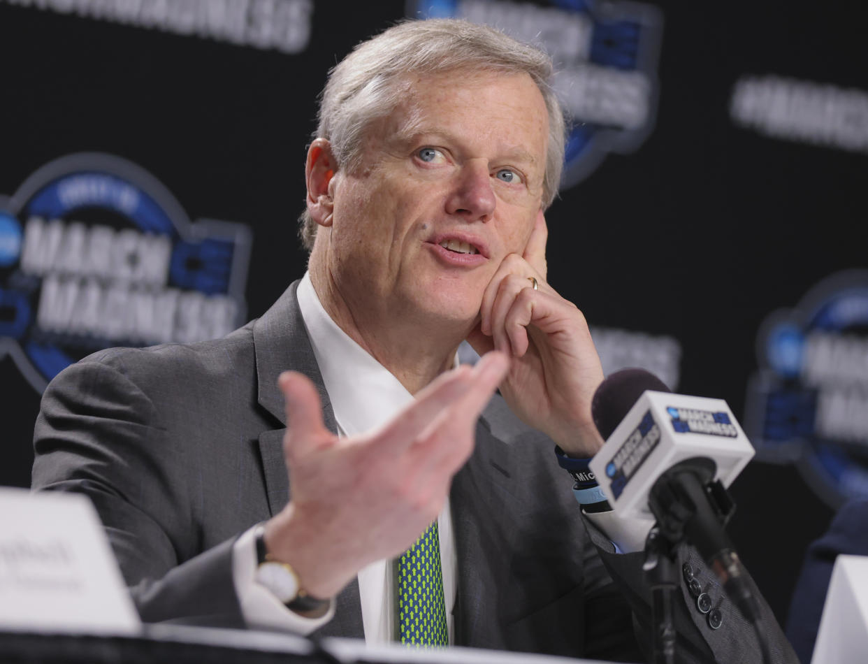 Boston, MA - March 28: NCAA President Charlie Baker during a panel to announce a gambling prevention program aimed at kids during a press conference at TD Garden. (Photo by Matthew J. Lee/The Boston Globe via Getty Images)