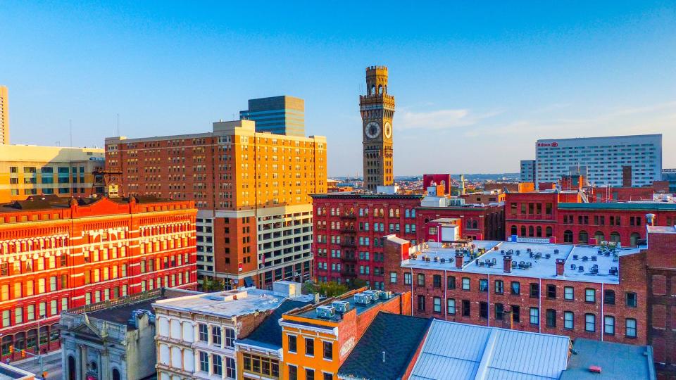 A cityscape view of downtown Baltimore, Maryland on a sunny, blue sky day