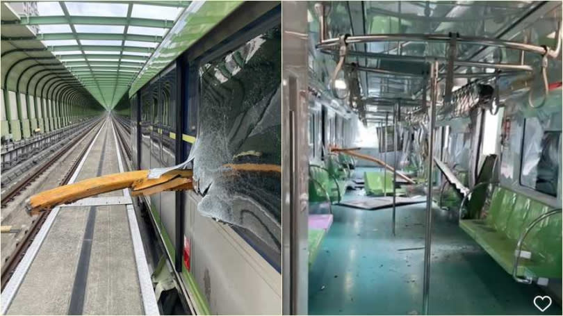 吊臂刺穿捷運玻璃，當場造成一人死亡、八人受傷。（圖／翻攝自記者爆料網）