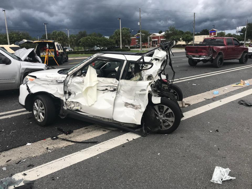 A woman who was in this car died when it was hit from behind by a pickup truck in July 2021.