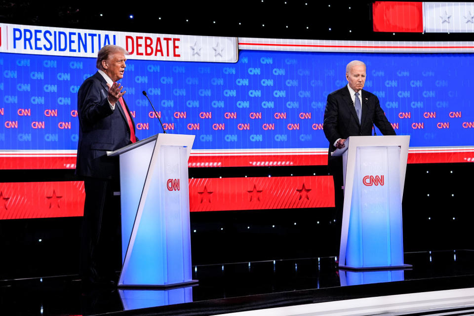 Donald Trump, left, and President Joe Biden on the debate stage (Gerald Herbert/AP)