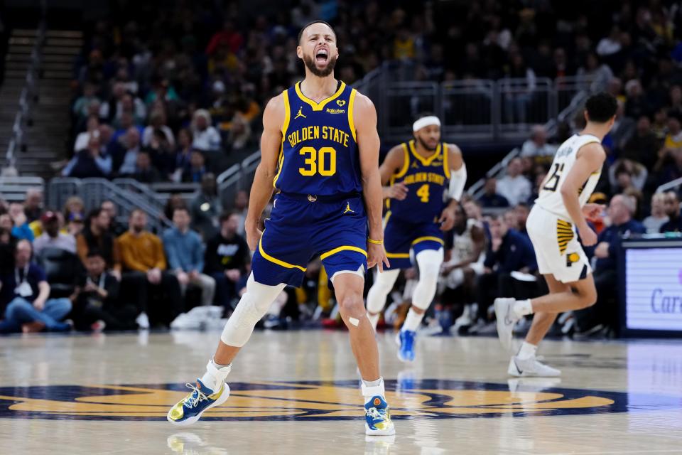 INDIANAPOLIS, INDIANA - FEBRUARY 08: Stephen Curry #30 of the Golden State Warriors celebrates after making a shot in the first quarter against the Indiana Pacers at Gainbridge Fieldhouse on February 08, 2024 in Indianapolis, Indiana. NOTE TO USER: User expressly acknowledges and agrees that, by downloading and or using this photograph, User is consenting to the terms and conditions of the Getty Images License Agreement. (Photo by Dylan Buell/Getty Images)