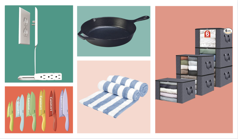 socket, pan, knives, towels, storage bins