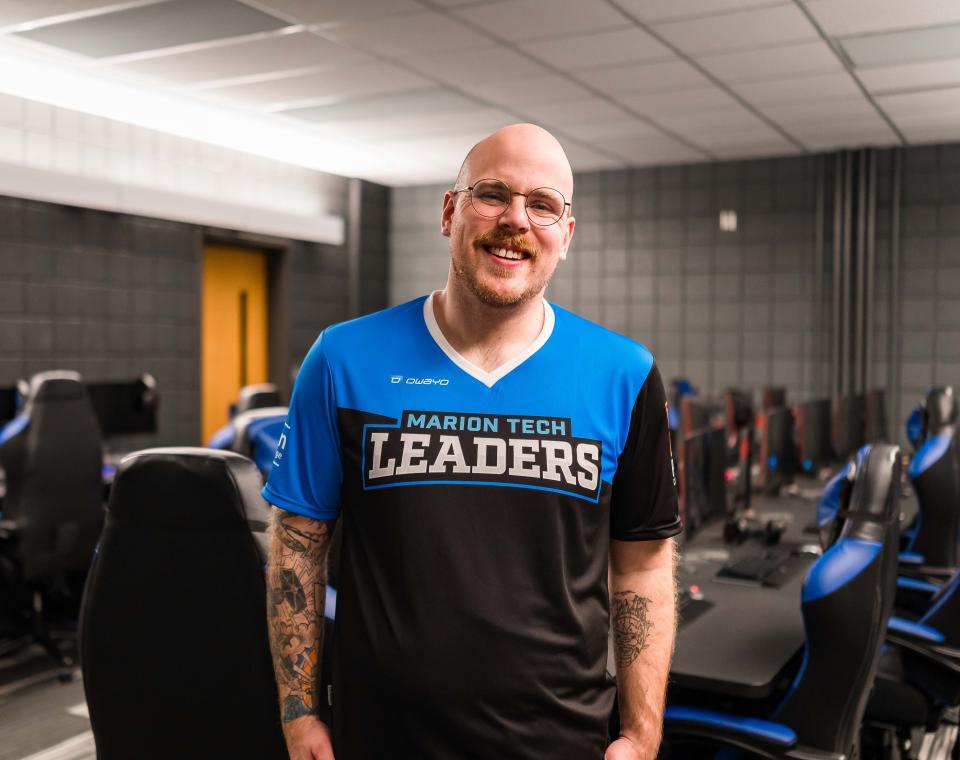 Sam Moore has been the Esports Coordinator at Marion Tech since August 2021. He is shown in his team jersey.