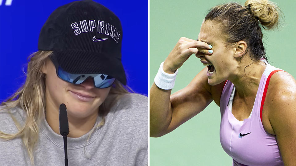 A 50-50 image of Aryna Sabalenka shows her wearing sunglasses in her US Open press conference on the left, and reacting in frustration on the right.