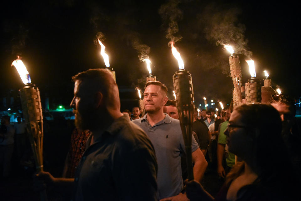 White nationalists march on the grounds of the University of Virginia ahead of the Unite the Right Rally in Charlottesville, Virginia, in August 2017. Many of the white supremacists in attendance chanted "blood and soil." (Photo: Stephanie Keith / Reuters)