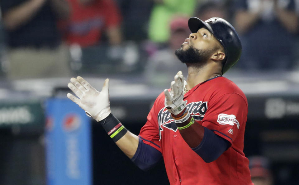 Cleveland Indians' Carlos Santana looks up after hitting a solo home run in the seventh inning of a baseball game against the Kansas City Royals, Tuesday, June 25, 2019, in Cleveland. (AP Photo/Tony Dejak)