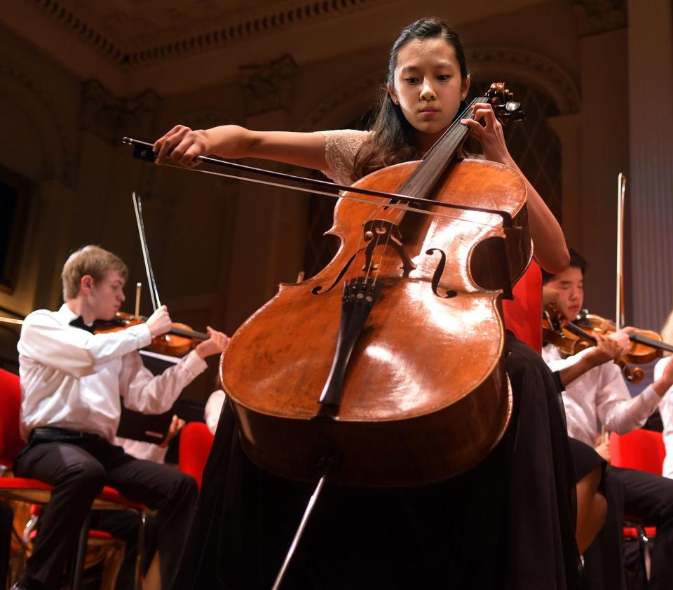 Cellist Kaede and former JOMP student Ishidate of Holden was front and center for Concerto for Cello in B Minor, Op. 104 Allegro by Antonin Dvorak in 2018 at the JOMP Youth Orchestra performance.