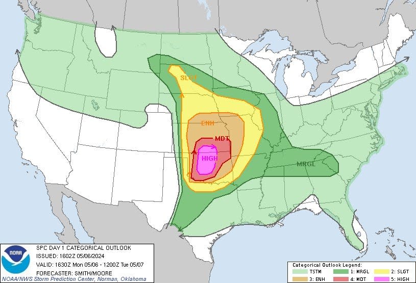 A rare "high risk" area for severe weather, centered on Oklahoma and Kansas, was issued on Monday by the Storm Prediction Center.