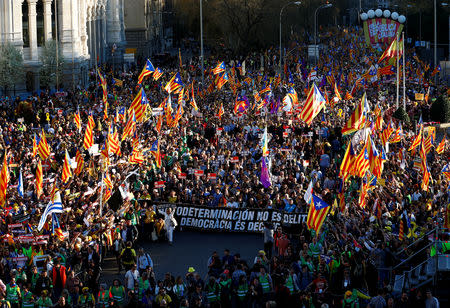 People take part in a rally of Catalan separatist organisations to demonstrate against the trial of Catalan leaders and call for self-determination rights, in Madrid, Spain March 16, 2019. Banner reads "Self-determination is not a crime, democracy is to decide". REUTERS/Juan Medina