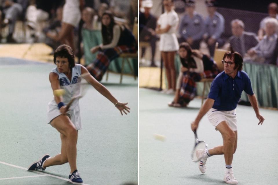 Billie Jean King plays Bobby Riggs in 1973 Battle of the Sexes tennis match. Source: Getty Images