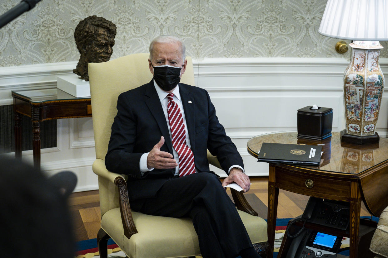 U.S. President Joe Biden meets with labor union leaders in the Oval Office of the White House on February 17, 2021 in Washington, DC. (Pete Marovich-Pool/Getty Images)