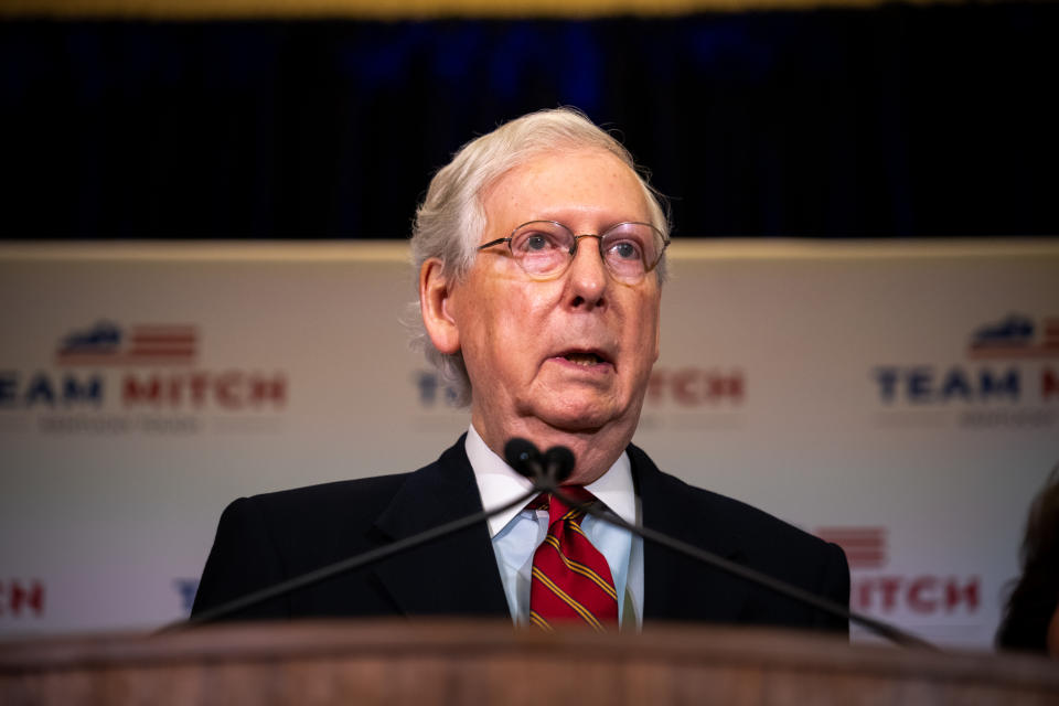 LOUISVILLE, KY - NOVEMBER 04: Senate Majority Leader Mitch McConnell (R-KY), gives election remarks at the Omni Louisville Hotel on November 4, 2020 in Louisville, Kentucky. McConnell has reportedly defeated his opponent, Democratic U.S. Senate candidate Amy McGrath, marking his seventh consecutive U.S. Senate win. (Photo by Jon Cherry/Getty Images)
