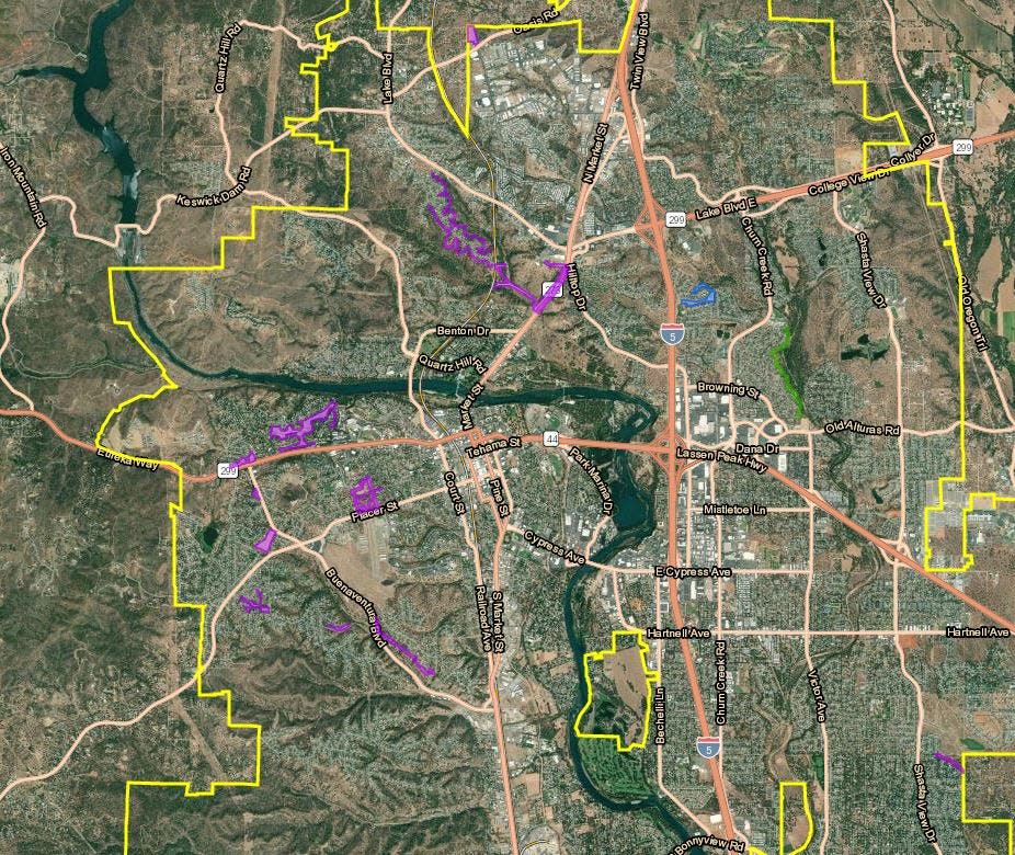 Redding's goat map shows areas (purple areas) where the city plans to have goats graze and thin out flammable brush on steep terrain. The goats are part of the city's Wildfire Mitigation Program. Go to tinyurl.com/29wp6zf8 for the latest goat grazing map.