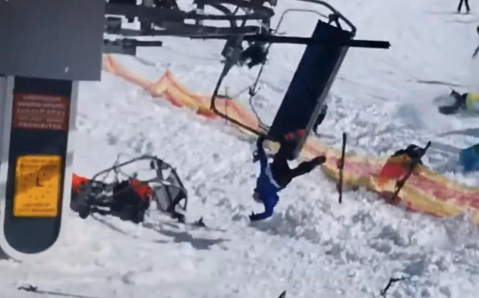 Skiers are hurled into the air as the lift malfunctions