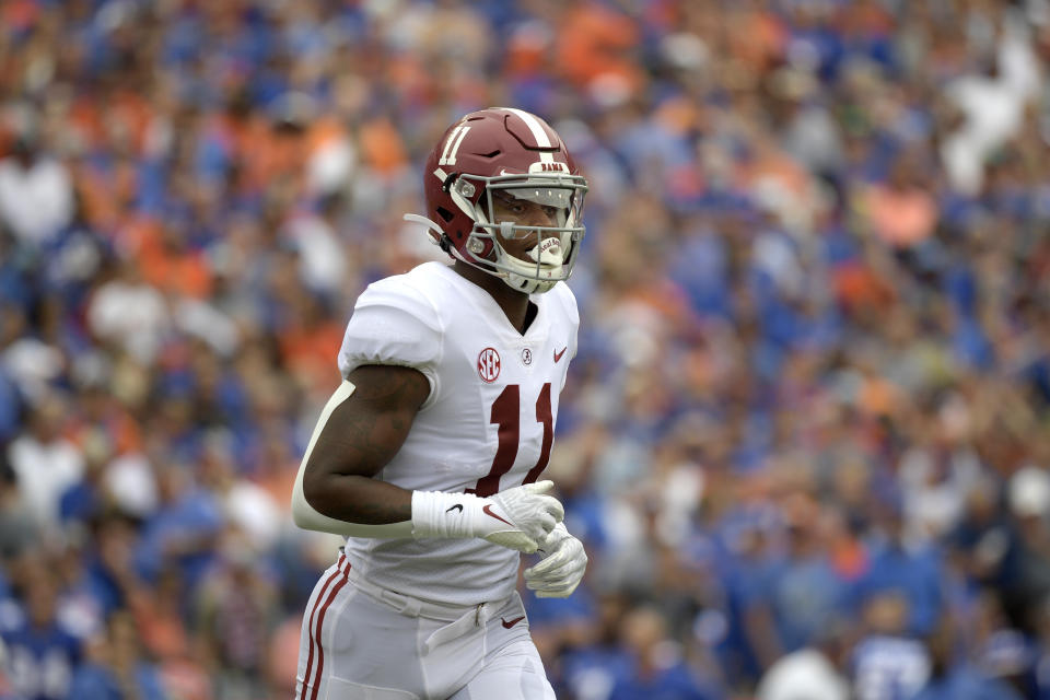 Alabama wide receiver Traeshon Holden (11) sets up for a play during the first half of an NCAA college football game against Florida, Saturday, Sept. 18, 2021, in Gainesville, Fla. (AP Photo/Phelan M. Ebenhack)