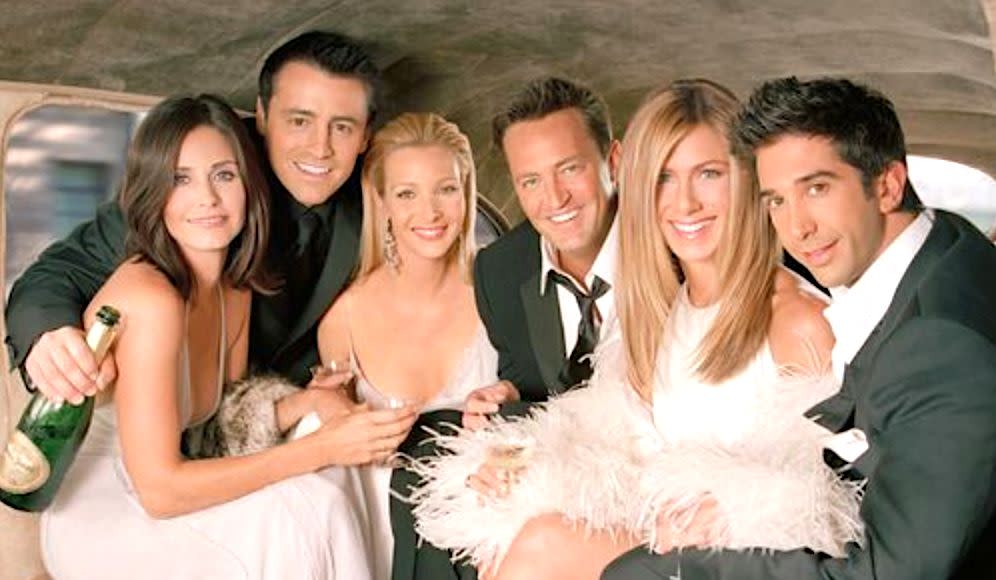 The cast of "Friends," pictured in season 10, is close to tying the knot on a reunion special. (Photo: NBC via Getty Images)