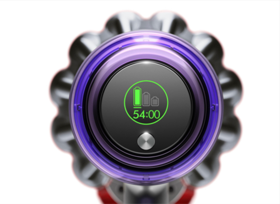 the top view of a dyson outsize showing the remaining run time in minutes and the three power modes