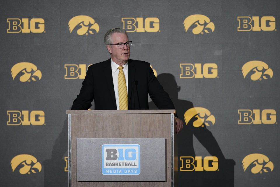 FILE - Iowa men's head coach Fran McCaffery speaks during Big Ten NCAA college basketball Media Days Tuesday, Oct. 11, 2022, in Minneapolis. The Iowa men's basketball team brings back nine players from the squad that won 26 games and Big Ten Tournament. (AP Photo/Abbie Parr, File)