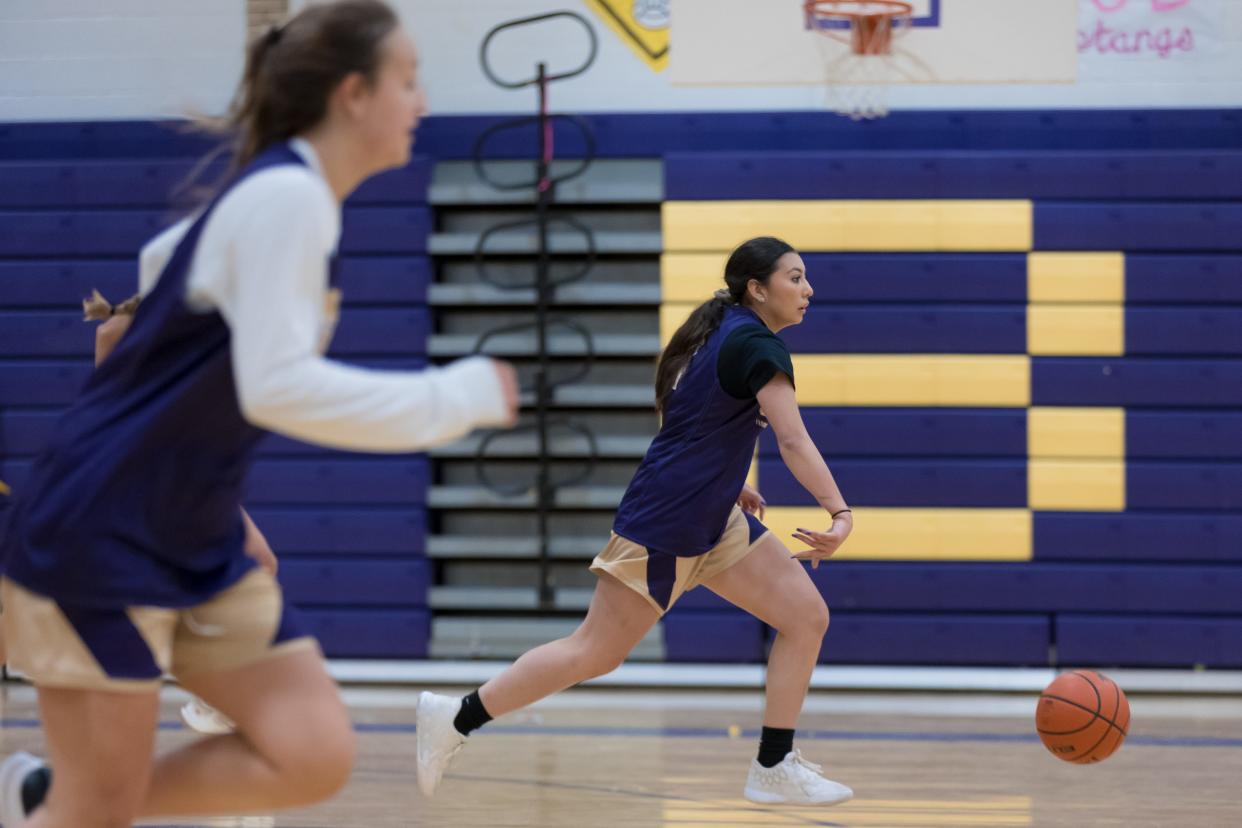 Burges girls basketball player Brianna Vargas works on drills at practice on Wednesday, Oct. 26, 2022.