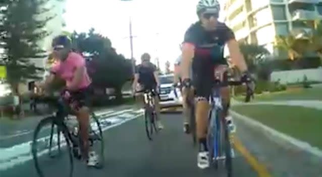 The cyclist's footage shows the driver close behind the six riders. Source: Gold Coast Bulletin