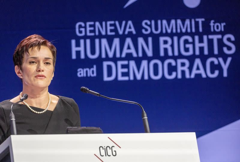 Evgenia wife of jailed Russian opposition figure Kara-Murza addresses the Geneva Summit for Human Rights and Democracy in Geneva