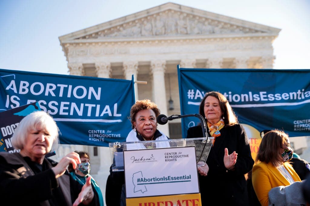 Rep. Barbara Lee (D-CA) speaks during a demonstration in front of the U.S. Supreme Court as the justices hear arguments in Dobbs v. Jackson Women’s Health, a case about a Mississippi law that bans most abortions after 15 weeks, on December 01, 2021 in Washington, DC. (Photo by Chip Somodevilla/Getty Images)