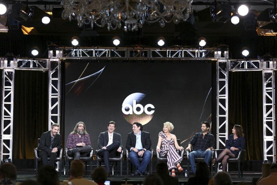 Patrick Osborne, from left, David Guarascio, Doug Robinson, Adam F. Goldberg, Jenna Elfman, Stephen Schneider and Rachel Dratch appear at the "Imaginary Mary" panel at the Disney/ABC portion of the 2017 Winter Television Critics Association press tour on Tuesday, Jan. 10, 2017, in Pasadena, Calif. (Photo by Rich Fury/Invision/AP)