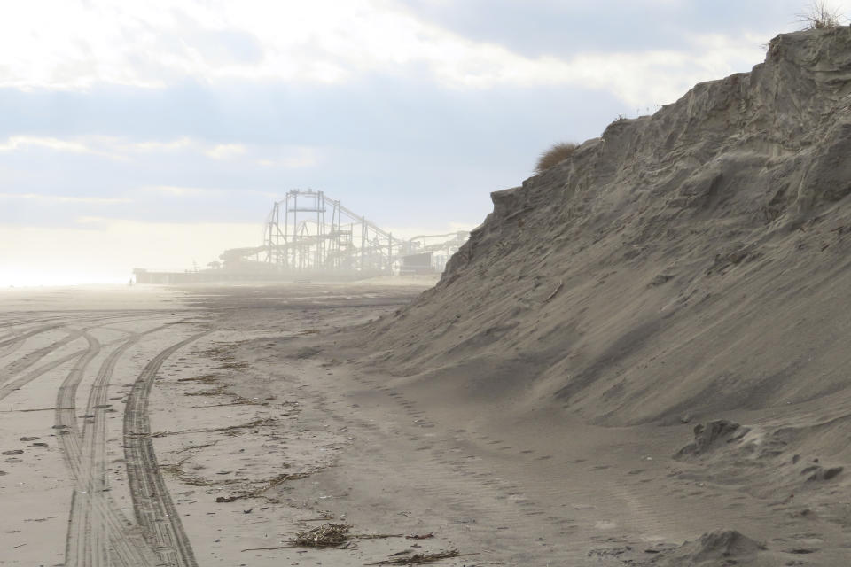 This Jan. 5, 2023 photo shows an eroded beach in North Wildwood, N.J. On Feb. 1, 2023, a judge denied the city permission to build a bulkhead to protect against erosion, but allowed it to move forward with a $21 million lawsuit seeking damages from the state to recoup the cost of sand the city trucked in at its own expense in the absence of a state and federal beach replenishment project. (AP Photo/Wayne Parry)